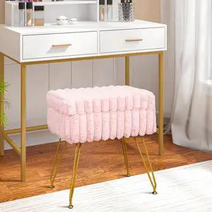 Pink Vanity Stool with Storage Ottoman, Faux Fur Vanity Chair for Makeup Room, Stool for Vanity for Bedroom,Footrest with Metal Legs and as a Coffee Table(Pink)