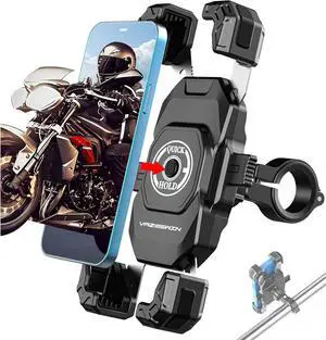 Motorcycle Phone Mount, 1s Lock Bike Phone Holder, One-Handed Operation Motorcycle Cellphone Holder with Aluminum Alloy Handlebar Mounting Base for Bicycle Scooter, Fit 5.5"-7.2" Smartphone