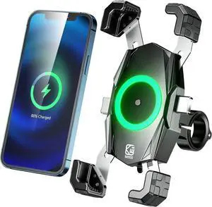 KEWIG Motorcycle Phone Mount with Qi 15W Wireless Charger & USB C 20W Fast Charging Port, One-Push Automatically Lock & Quick Release Waterproof Handlebar Phone Holder for 4.0-6.9" Phone