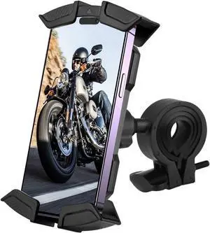 Motorcycle Phone Mount, Phone Holder for Bikes, Bicycle, Motorcycles, Scooters, Strollers, Compatible w/iPhone & Android Cell Phones, 360° Rotatable Adjustable Bike Phone Mount