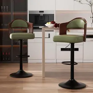 Swivel Bar Stools Set of 2 Seat Adjustable Height 24.5-33.5IN, Wooden Barstools PU Leather Upholstered Bar Chairs with Back & Footrest for Bar Kitchen Dining Room
