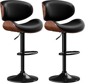 Bar Stools Set of 2, Adjustable Swivel Leather Bar Stools for Kitchen Island, Mid Century Modern Counter Height Bar Chairs Barstools with Back & Footrest (Black)
