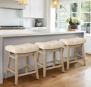 Counter Height Bar Stools Set of 3 for Kitchen Counter Farmhouse Modern Barstools with Upholstered Fabric Backless Seat and Solid Wood Legs 24 inch Bar Chairs, Khaki + Wood Color