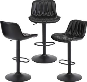 Black Counter Height Swivel Bar Stools Set of 3, Adjustable Bar Stool with Back 25"-33", Modern Faux Leather Barstools for Kitchen Island (Black, 3PCS)