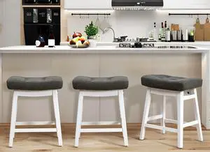 Counter Height Bar Stools Set of 3 for Kitchen Counter Farmhouse Modern Barstools with Faux Leather Upholstered Backless Seat and Solid Wood Legs 24 inch Bar Chairs, Grey + White