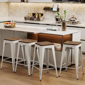 Alunaune 24" Metal Bar Stools Set of 4 Industrial Backless Counter Height Barstools Kitchen Patio Stool Stackable with Wooden Seat- White