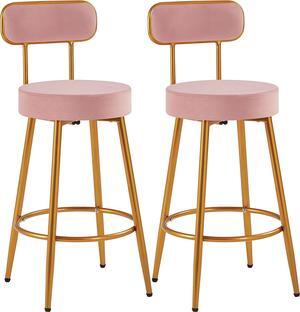 Yaheetech Velvet Bar Stools 26'' Counter Height Bar Stools Velvet Stools for Kitchen Counter with Backrest and Footrest Modern Gold Barstools Upholstered Bar Height Stools, Pink, Set of 2