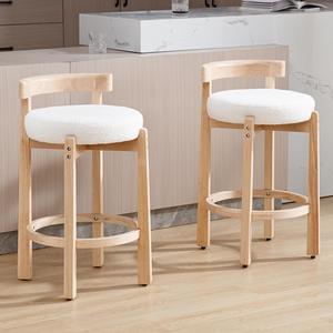 HEAH-YO Mid Century Modern Sherpa Bar Stools Set of 2, 26.5" Counter Stools with Back, Boucle Upholstered Barstools with Solid Wood Legs Bar Chairs for Kitchen Island Dining Room, White