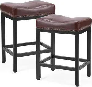 DUMOS Bar Stools Set of 2, 24 inch Counter Height Saddle Stools, Upholstered Modern Kitchen Barstools with Metal Base, PU Leather for Kitchen Island, Brown