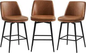 CHITA Counter Height Swivel Barstools, FSC Certified Upholstered Faux Leather Bar Stools Set of 3, Metal Base, 27.2" Seat Height, Saddle Brown
