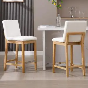 Kmax 26 Inch Bar Stools Set of 2, Farmhouse Upholstered Bar Stools with Back Support Rustic Wooden White Armless Barstools for Bar Club Pub - PU, White