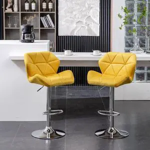 Roundhill Furniture Breni Velvet Diamond Tufted Swivel Adjustable Height Barstools, Set of 2, Yellow