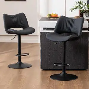 Rowill Bar Stools Set of 2 Modern Counter Height Barstools Swivel Adjustable Black Faux Leather Bar Chairs for Kitchen Island with Back and Metal Base