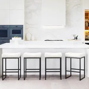 LUE BONA Counter Height Bar Stools, 24" Square Saddle Barstools Set of 3, Modern Backless Faux Leather Counter Stool with Black Metal Legs for Kitchen Island Counter, Home Bar, Bistro, White