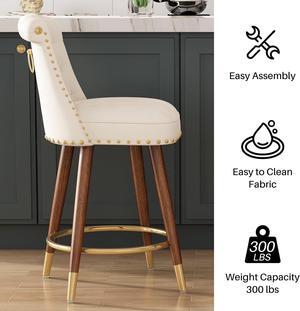 Counter Height Bar Stools Set of 4, 360°Swivel Counter Stools, Upholstered Velvet Barstools with Back and Footrest for Kitchen Island, 24" H Seat Height, Solid Wood Legs, Fabric in Beige