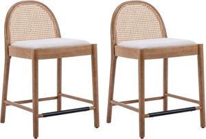 HEAH-YO Rattan Counter Stools Set of 2, 26 Inches Counter Height Bar Stools with Rattan Backs and Wood Legs, Uphlostered Linen Fabric Counter Height Stools for Kitchen Island, Beige