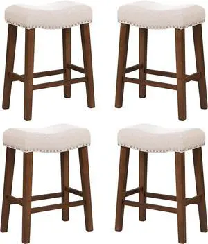 24" Counter Height Bar Stools - Modern Backless Kitchen Island Saddle Barstools Chairs with Footrest, Solid Wood Legs & Nailhead Trim Linen Fabric Cushion, Beige, Set of 4
