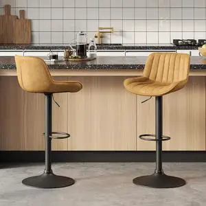Volans Bar Stools Set of 2, Mid Century Modern Counter Stools Faux Leather Swivel Adjustable Height, Barstools Bar Height Set of 2 Chair with Back, Black Powder Coated Base, Yellow Volans Bar Stools Set of 2, Mid Century Modern Counter Stools Faux Leather Swivel Adjustable Height, Barstools Bar Height Set of 2 Chair with Back, Black Powder Coated Base, Yellow