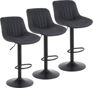 Bar Stools Set of 3, Swivel Counter Height Barstools with Back, Adjustable PU Leather Bar Chairs, Modern Armless Kitchen Island Stool, Black