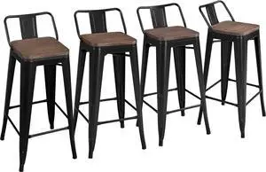 Yaheetech 30" Metal Barstools Set of 4 Bar Height Bar Stools with Wooden Top Low Back Industrial Bar Stools Metal Stool for Indoor-Outdoor Counter Stools with Wooden Seat Matte Black