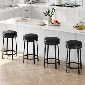 IDEALHOUSE 24'' Swivel Bar Stools Set of 4 with Footrest, Modern Counter Height Barstools with PU Leather Upholstered and Metal Frame, Backless Round Bar Stools for Kitchen Island, Black