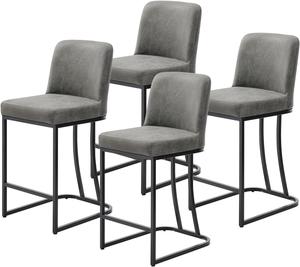 Leather Bar Stools Set of 4, 24" Counter Height Barstools with Gold Metal Frame, Gold Bar Chairs for Kitchen Island, Bar, Pub (Grey)