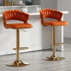 DUOMAY Woven Swivel Bar Stools Set of 2 - Modern Height Adjustable Bar Stools with Woven Backrest and Chrome Base - Velvet Kitchen Island Stoos Barstools for Kitchen, Bar, and Counter, Orange