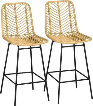 HOMCOM Rattan Bar Stools Set of 2, 26" Counter Height Barstools, Boho Kitchen Island Stools with Breathable Wicker Seat and Back, Yellow