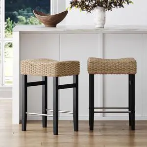 Nathan James Harvey Rattan Bar Stool, Bohemian Counter Height Stool with Woven Seagrass Seat, Solid Wood Legs, and Metal Footrest Seagrass/Brushed Black
