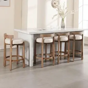 LukeAlon Mid Century Linen Counter Stools Set of 4, Upholstered 26.5 Seat Height Low Barstools with Natural Wood Legs Round Low Back Kitchen Stools with Footrest for Dining Room, Beige