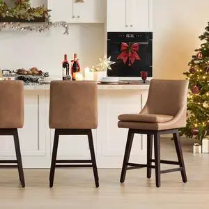 CHITA Counter Height Swivel Barstool with Back Set of 2, FSC Certified Upholstered Faux Leather Swivel Bar Stool, 26.8" H Seat Height, PU Leather in Retro Brown