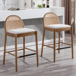LukeAlon Modern Linen Bar Stools Set of 2, 29" Seat Height Tall Bar Chairs with Wooden Legs Natural Rattan Cane Back Bar Height Counter Stools with Footrest for Kitchen Home Pub, Beige