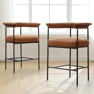 DUOMAY Modern Barrel Bar Stools Set of 2, 26" Counter Height Stools with Arms, Faux Leather Upholstered Barstools Kitchen Island Stools with Black Metal Frame for Kitchen Home Bar Office, Brown