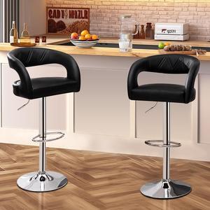 VECELO Bar Stools Set of 2 Adjustable Swivel Modern Pu Leather Barstools, Counter Bar Stools with Back and Arms, for Kitchen, Bar (Black)