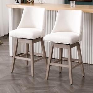 Counter Height Bar Stools Set of 2, Linen Fabric Mid Century Modern Swivel Barstool with Back & Wood Legs Comfy Upholstered Counter Chairs for Home Bar/Dining Room/Restaurant, Cream