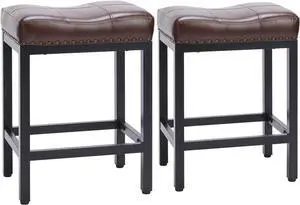 Sweetcrispy Counter Bar Stools Set of 2, 22 Inch Barstools for Kitchen Island, Upholated PU Leather Kitchen Chairs with Thick Saddle Seat & Metal Base and Footrest, Brown