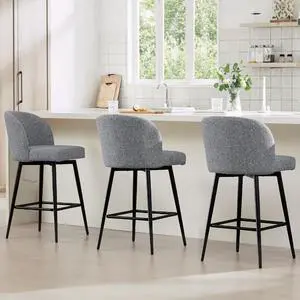 Watson & Whitely Counter Height Bar Stools Set of 3, 360° Swivel Upholstered Barstools with Backs and Metal Legs, 26" H Seat Height, Fabric in Grey (Multi-Colored)