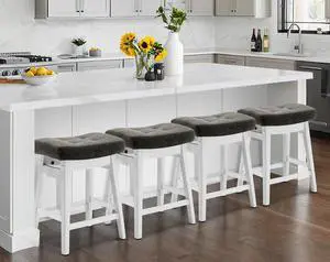 Counter Height Bar Stools Set of 4 for Kitchen Counter Farmhouse Modern Barstools with Faux Leather Upholstered Backless Seat and Solid Wood Legs 24 inch Bar Chairs, Grey + White