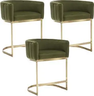 24" Modern Velvet Counter Height Bar Stools Set of 3 for Kitchen Island Comfy Upholstered Barrel Back Stool Chair with Golden Metal Legs for Breakfast Bar/Dining Room/Cafe, Dark Green