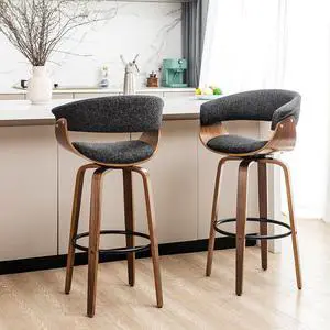 Glitzhome Bar Stools Set of 2, 29.5 Swivel Barstools with Curved Back, Bar Height Stools Bar Chairs with Backrest, Footrest, Solid Bentwood Frame, Black