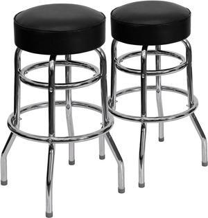 Flash Furniture Bruno 2 Pack Double Ring Chrome Barstool with Black Seat