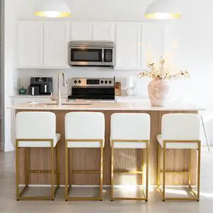 MAISON ARTS Faux Leather Bar Stools Set of 4, 24 Inch Counter Height Barstools with Back, Gold Metal Frame, Footrest, Modern Upholstered Bar Chairs for Kitchen Island & Home Bar, Off White