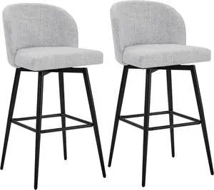 Watson & Whitely Barstools Bar Height Set of 2, Upholstered 360° Swivel Bar Stools with Backs and Metal Legs, 30" H Seat Height, Fabric in White (Multi-Colored)