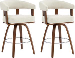 CHITA Swivel Counter Height Barstools Set of 2, FSC Certified Polyester Upholstered Bar Stools with Back and Armrest for Kitchen Island Home Bar, 27" Seat Height, Cream with Walnut Frame