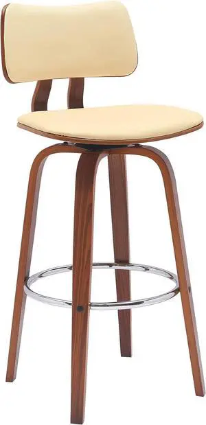 Armen Living Pico 30" Seat Height Mid Century Modern Swivel Walnut Wood Bar Stool for Kitchen Island Counter in Cream Faux Leather with Chrome