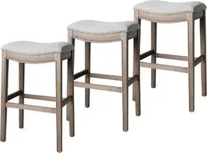 Maven Lane Adrien 31 Inch Bar Height Upholstered Backless Saddle Barstool in Reclaimed Oak Finish with Ash Grey Fabric Cushion Seat, Set of 3