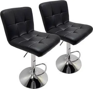 Extra Large Faux Leather Barstools SET of 2 - Modern Adjustable Counter Height Armless Chairs - Large Seat & Larger Base, Swivel Stool for Bar, Island, Living Room, Dining Room - BLACK
