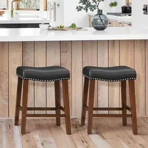 24" Backless Bar Stools Set of 2 - Counter Height Barstools with Faux Leather Upholstered Saddle Seat, Modern Wood Backless Bar Stools for Kitchen Island, Black