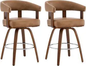 CHITA Swivel Counter Height Barstools Set of 2, FSC Certified Faux Leather Upholstered Bar Stools with Back and Armrest for Kitchen Island Home Bar, 27" Seat Height, Camel with Walnut Frame