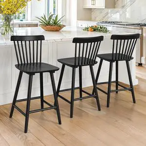 LUE BONA Upgraded Windsor Wooden Black Bar Stools Set of 3, 24 Inch Counter Height Barstools with Spindle Back/Bigger Seat for Kitchen Island LUE BONA Upgraded Windsor Wooden Black Bar Stools Set of 3, 24 Inch Counter Height Barstools with Spindle Back/Bigger Seat for Kitchen Island